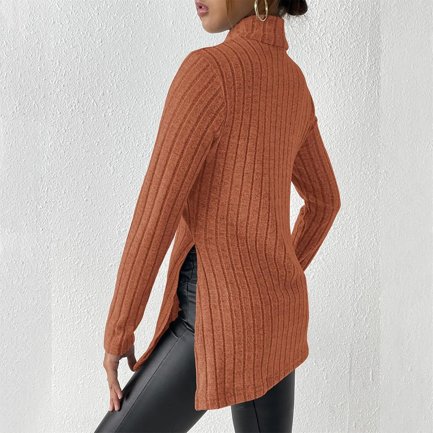 Women's Oversized Turtleneck Sweaters Fall Long Sleeve Ribbed Long Tunic Sweater Lightweight Knit Tops Loungewear