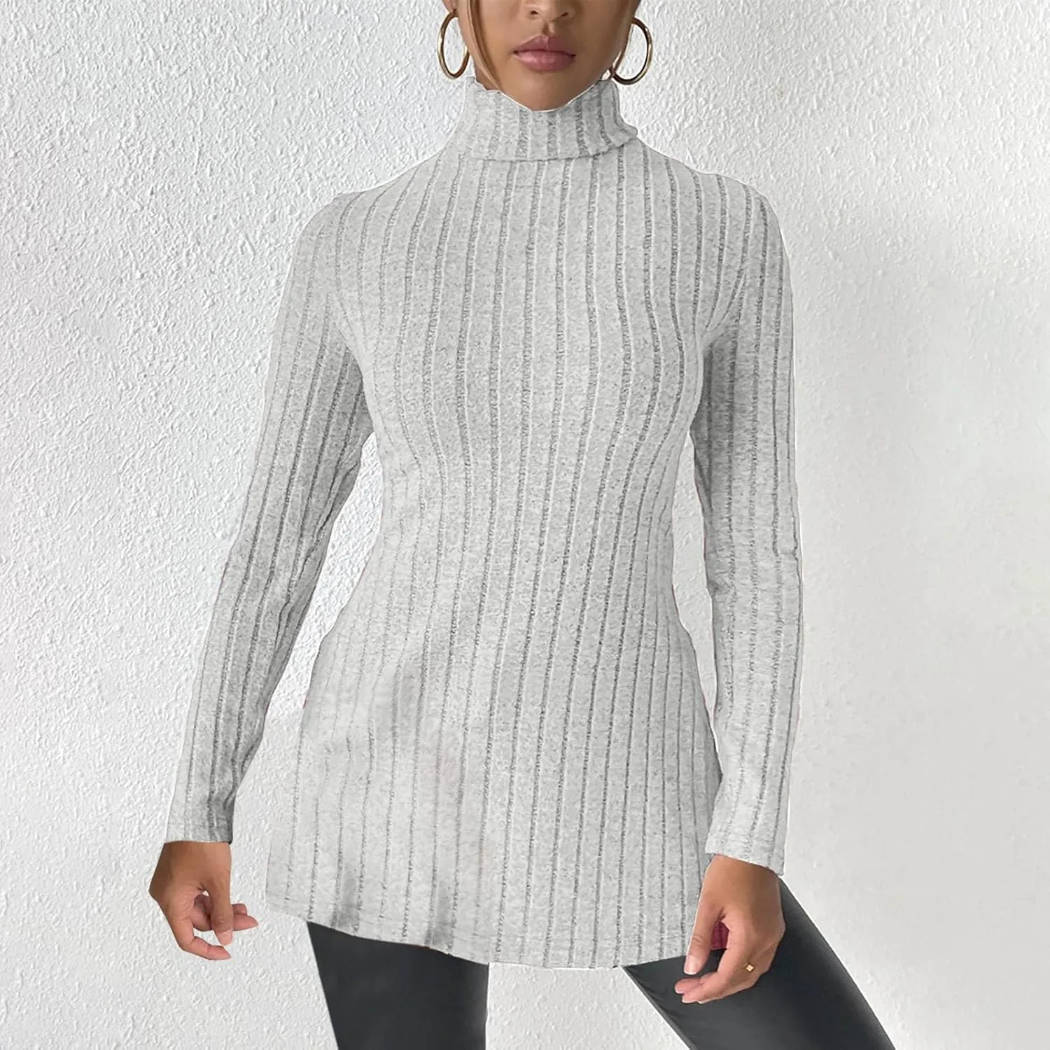 Women's Oversized Turtleneck Sweaters Fall Long Sleeve Ribbed Long Tunic Sweater Lightweight Knit Tops Loungewear