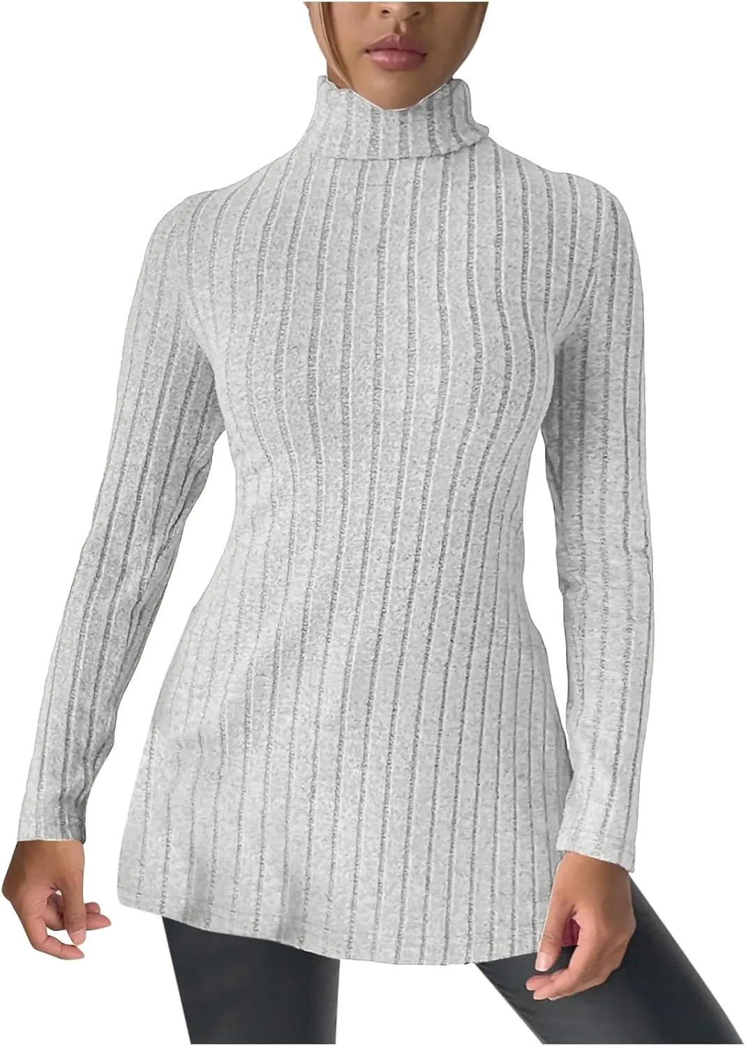 Women's Oversized Turtleneck Sweaters Fall Long Sleeve Ribbed Long Tunic Sweater Lightweight Knit Tops Loungewear