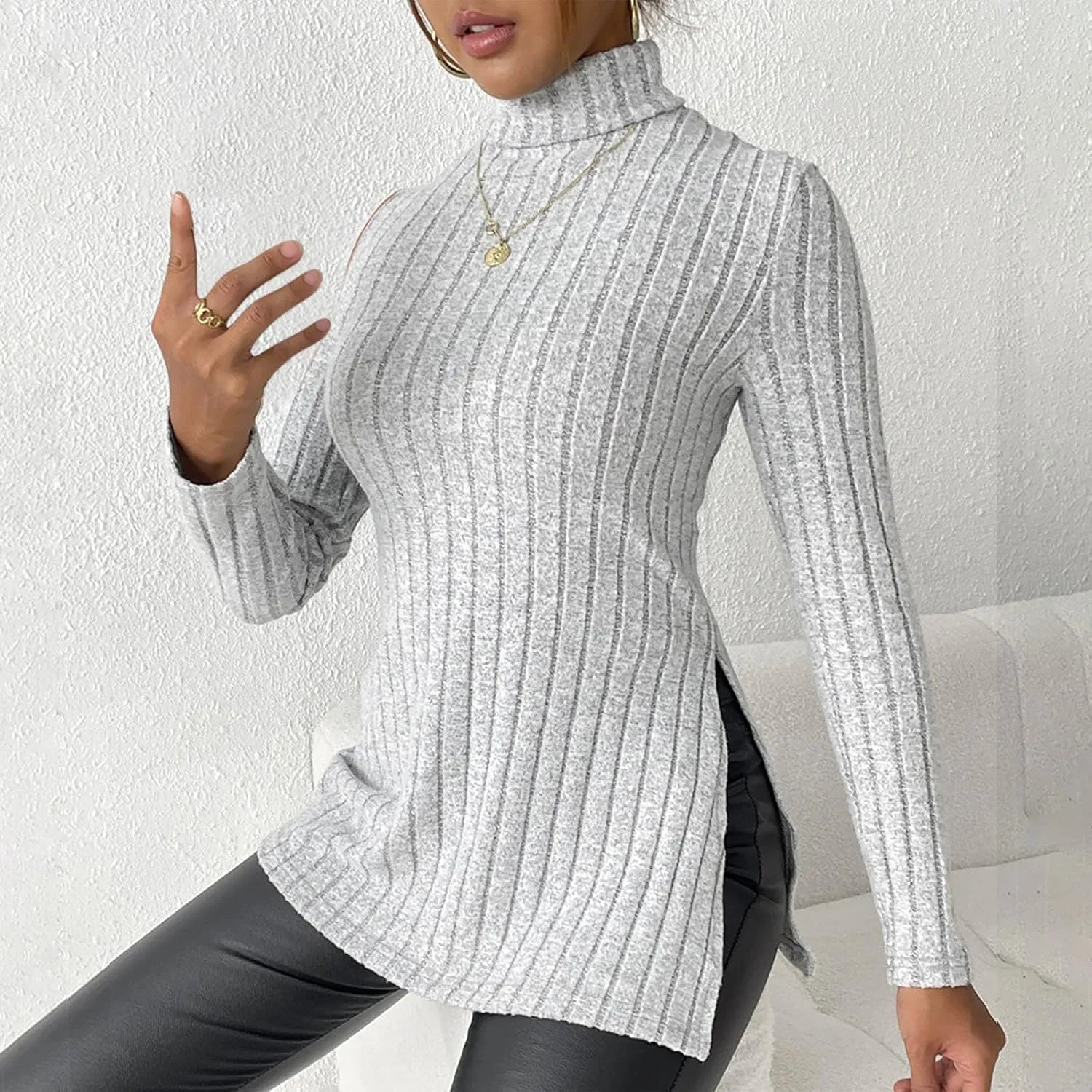 Women's Oversized Turtleneck Sweaters Fall Long Sleeve Ribbed Long Tunic Sweater Lightweight Knit Tops Loungewear