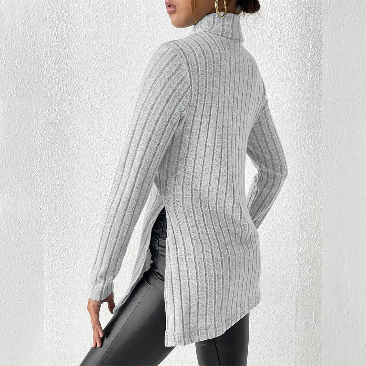 Women's Oversized Turtleneck Sweaters Fall Long Sleeve Ribbed Long Tunic Sweater Lightweight Knit Tops Loungewear