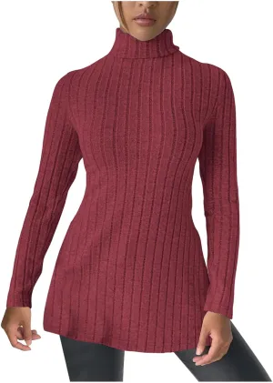 Women's Oversized Turtleneck Sweaters Fall Long Sleeve Ribbed Long Tunic Sweater Lightweight Knit Tops Loungewear