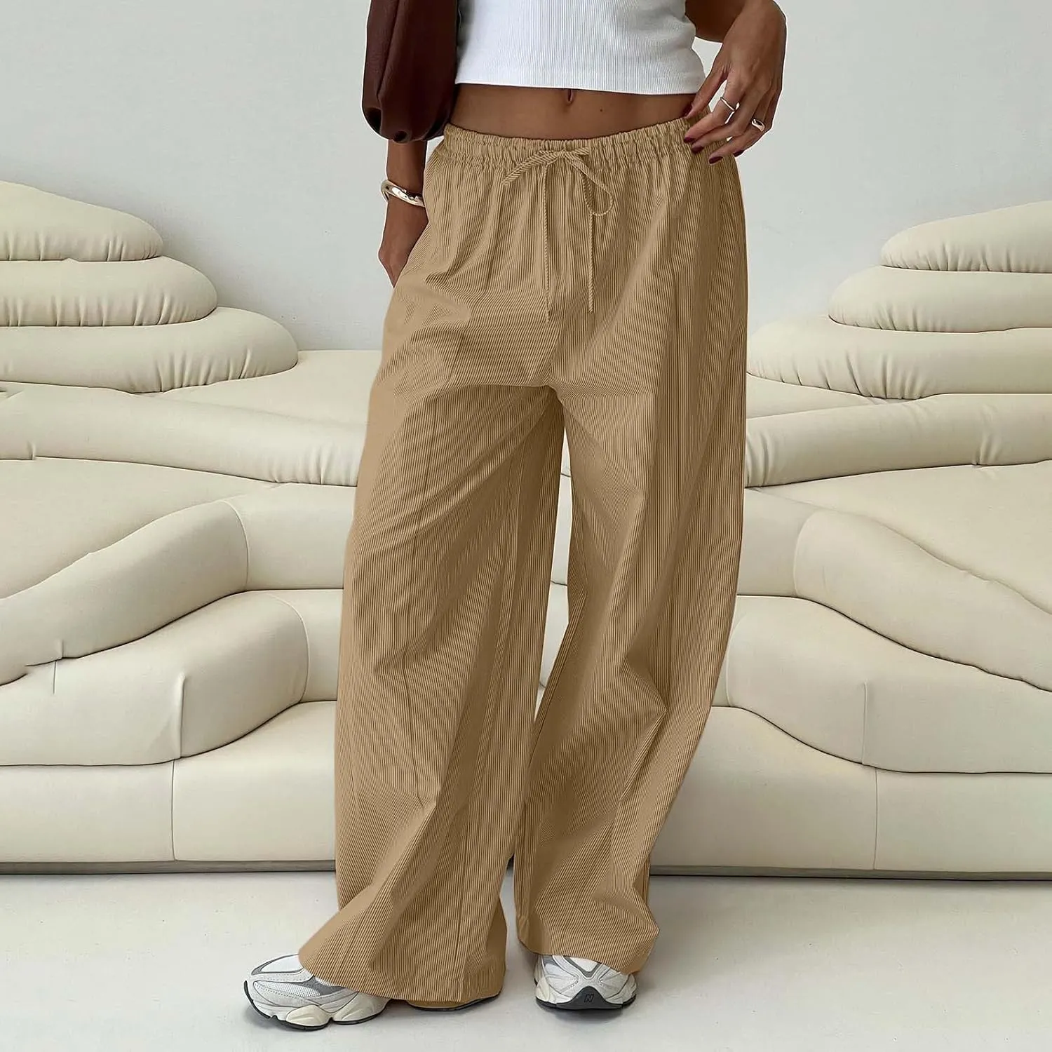 Women's Pants Comfy Corduroy Straight Wide Leg Pants Classic Elastic Waisted Loungewear Loose Plus Size Trousers