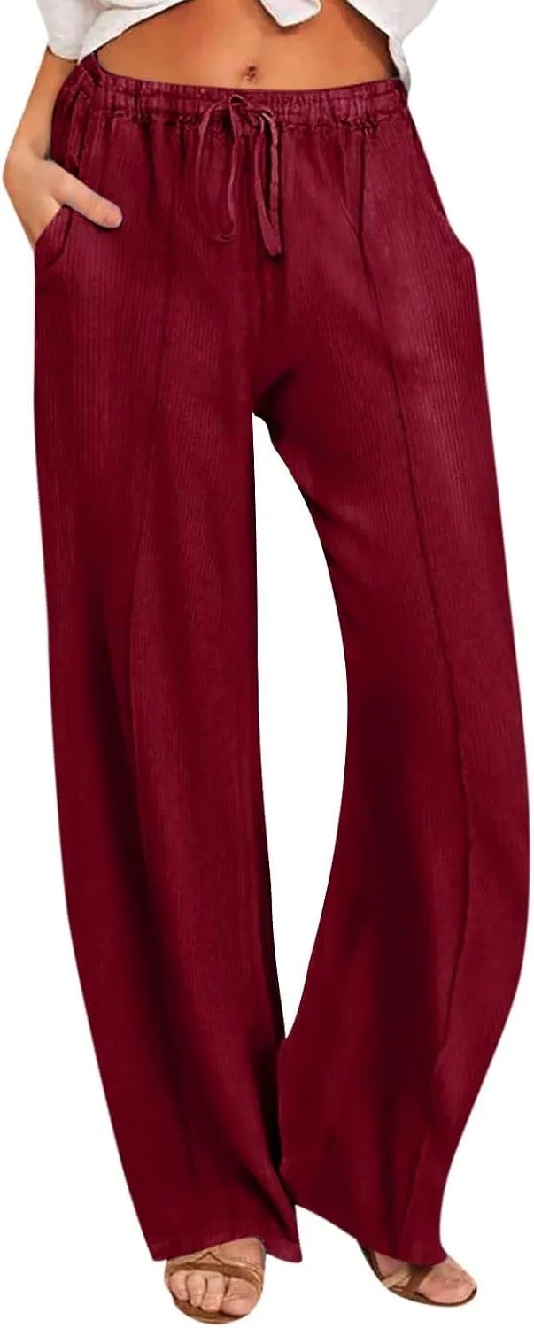 Women's Pants Comfy Corduroy Straight Wide Leg Pants Classic Elastic Waisted Loungewear Loose Plus Size Trousers