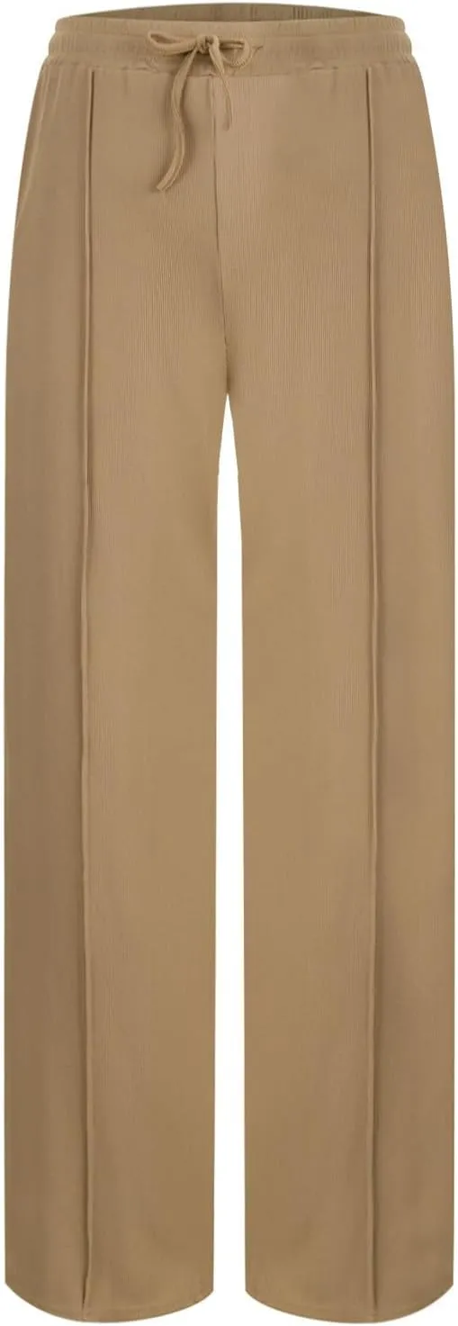 Women's Pants Comfy Corduroy Straight Wide Leg Pants Classic Elastic Waisted Loungewear Loose Plus Size Trousers