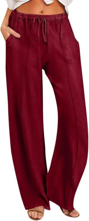 Women's Pants Comfy Corduroy Straight Wide Leg Pants Classic Elastic Waisted Loungewear Loose Plus Size Trousers