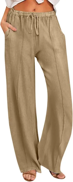Women's Pants Comfy Corduroy Straight Wide Leg Pants Classic Elastic Waisted Loungewear Loose Plus Size Trousers