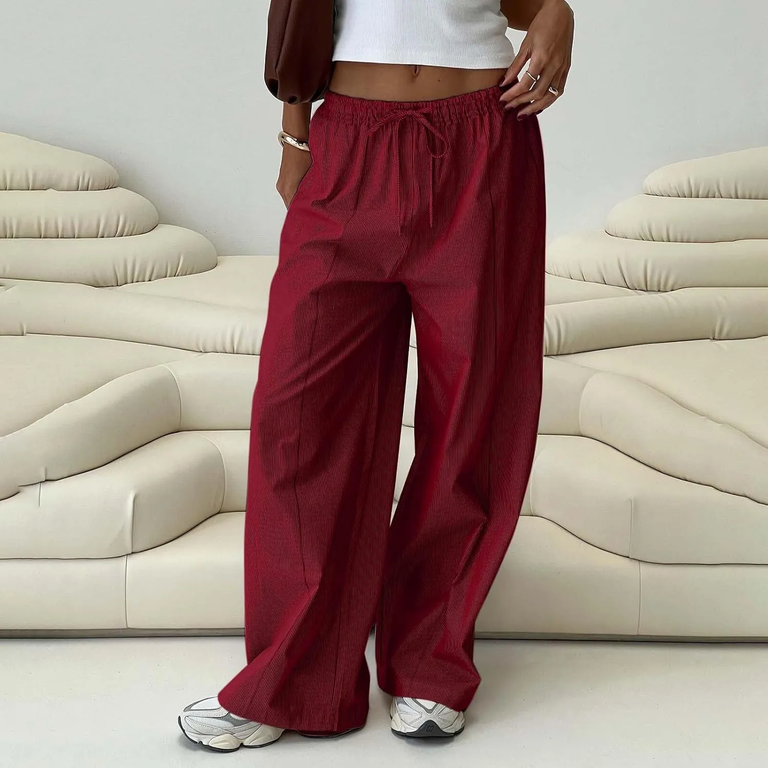 Women's Pants Comfy Corduroy Straight Wide Leg Pants Classic Elastic Waisted Loungewear Loose Plus Size Trousers