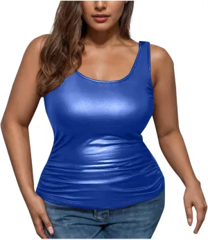 Women's Plus Size Faux Leather Slim Fit Tank Top Round Neck Sleeveless Shirts Going Out Streetwear Party Clubwear