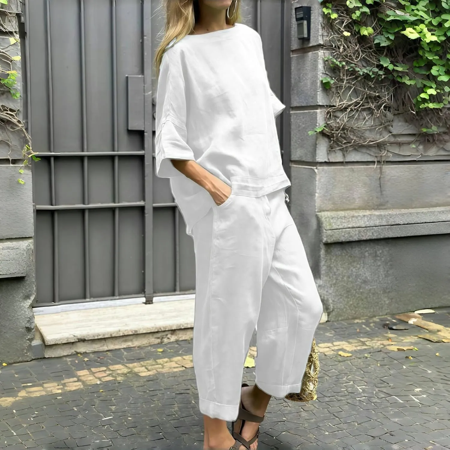 Womens Plus Size Linen Lounge Sets 2 Piecce Outfits Oversized Tshirt Tops and High Waisted Wide Leg Pants Tracksuits