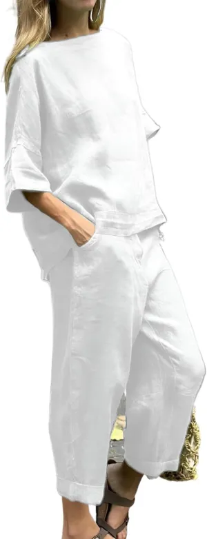 Womens Plus Size Linen Lounge Sets 2 Piecce Outfits Oversized Tshirt Tops and High Waisted Wide Leg Pants Tracksuits