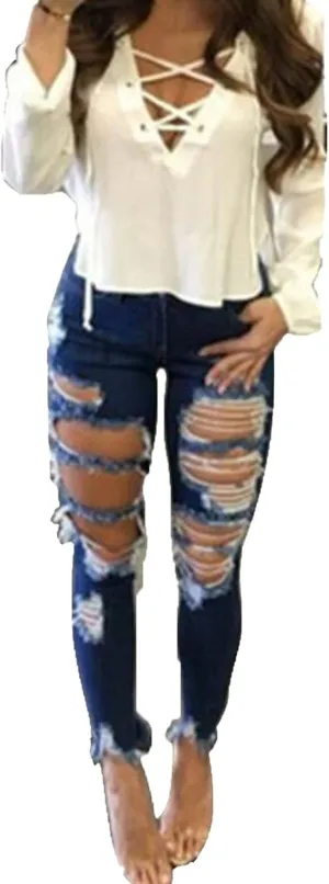 Women's Ripped Jeans Pencil Pants High Waisted Skinny Destroyed Denim Boyfriend Stretch Hole Long Stretch Jeans