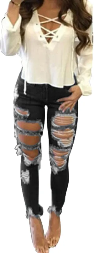 Women's Ripped Jeans Pencil Pants High Waisted Skinny Destroyed Denim Boyfriend Stretch Hole Long Stretch Jeans