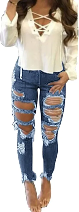 Women's Ripped Jeans Pencil Pants High Waisted Skinny Destroyed Denim Boyfriend Stretch Hole Long Stretch Jeans