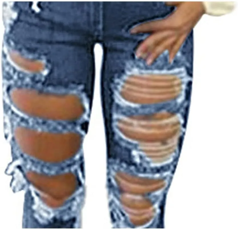 Women's Ripped Jeans Pencil Pants High Waisted Skinny Destroyed Denim Boyfriend Stretch Hole Long Stretch Jeans
