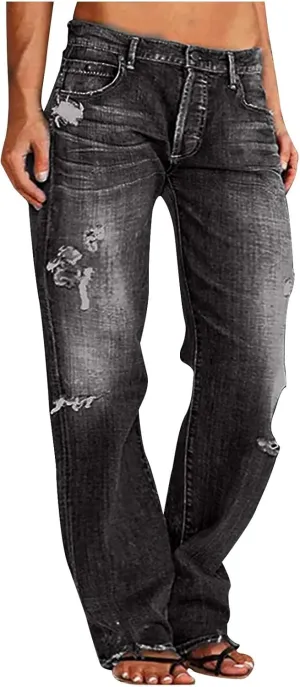 Womens Ripped Jeans Straight Leg Distressed Denim Pants High Waisted Stretch Destroyed Boyfriend Jeans with Pockets