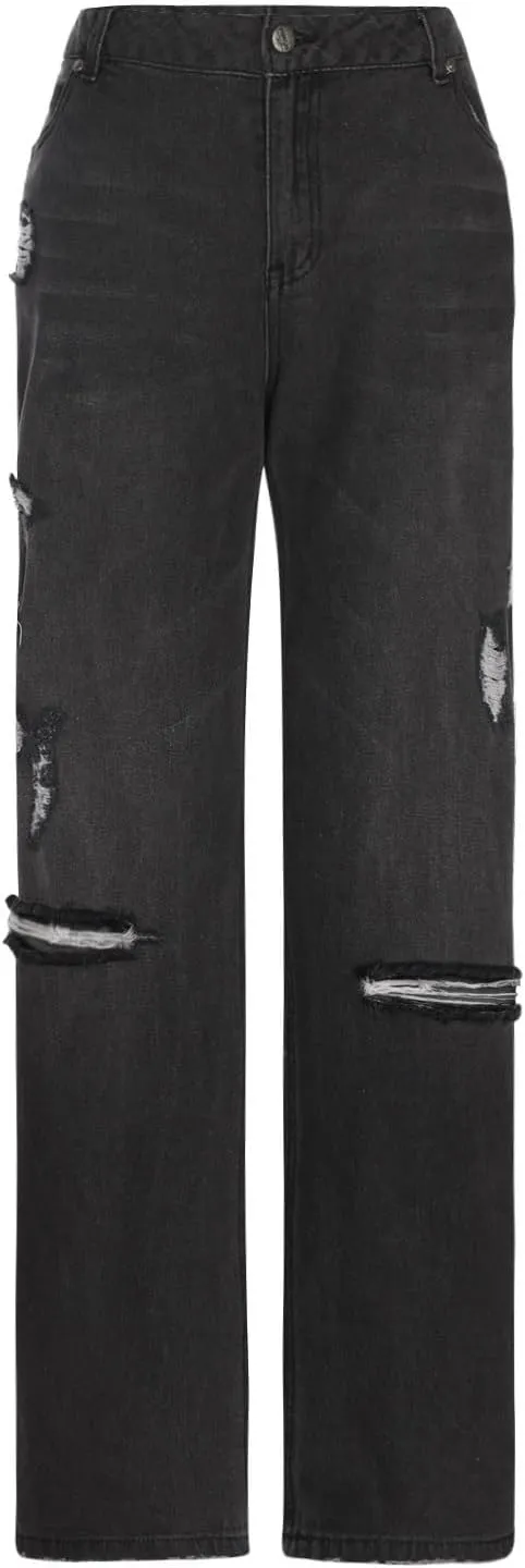 Womens Ripped Jeans Straight Leg Distressed Denim Pants High Waisted Stretch Destroyed Boyfriend Jeans with Pockets