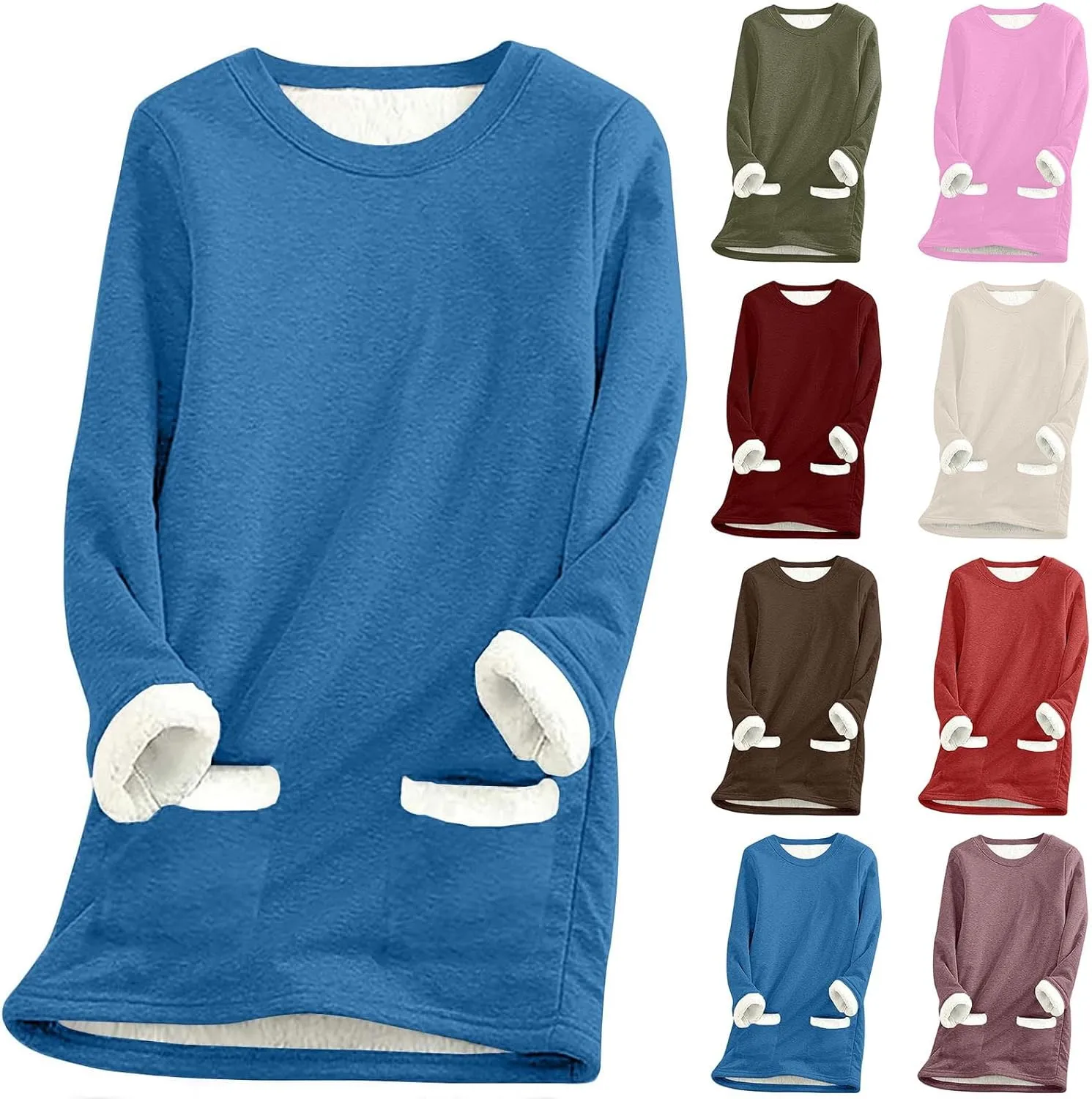 Women's Sherpa Lined Pullover Fleece Crewneck Sweatshirts Cute Winter Warm Fuzzy Sweaters Casual Loungewear
