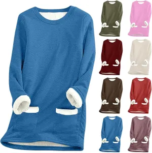 Women's Sherpa Lined Pullover Fleece Crewneck Sweatshirts Cute Winter Warm Fuzzy Sweaters Casual Loungewear