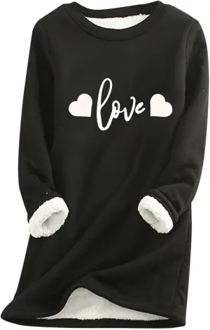 Womens Sherpa Lined Sweatshirt Fleece Warm Crewneck Long Sleeve Heart Graphic Soft Pullover Winter Thermal Loungewear