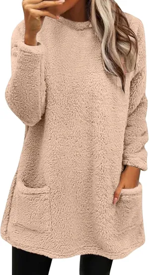 Womens Sherpa Pullover Sweaters Casual Loose Fit Fuzzy Fleece Sweatshirts Long Sleeve Soft Tunics Tops Loungewear