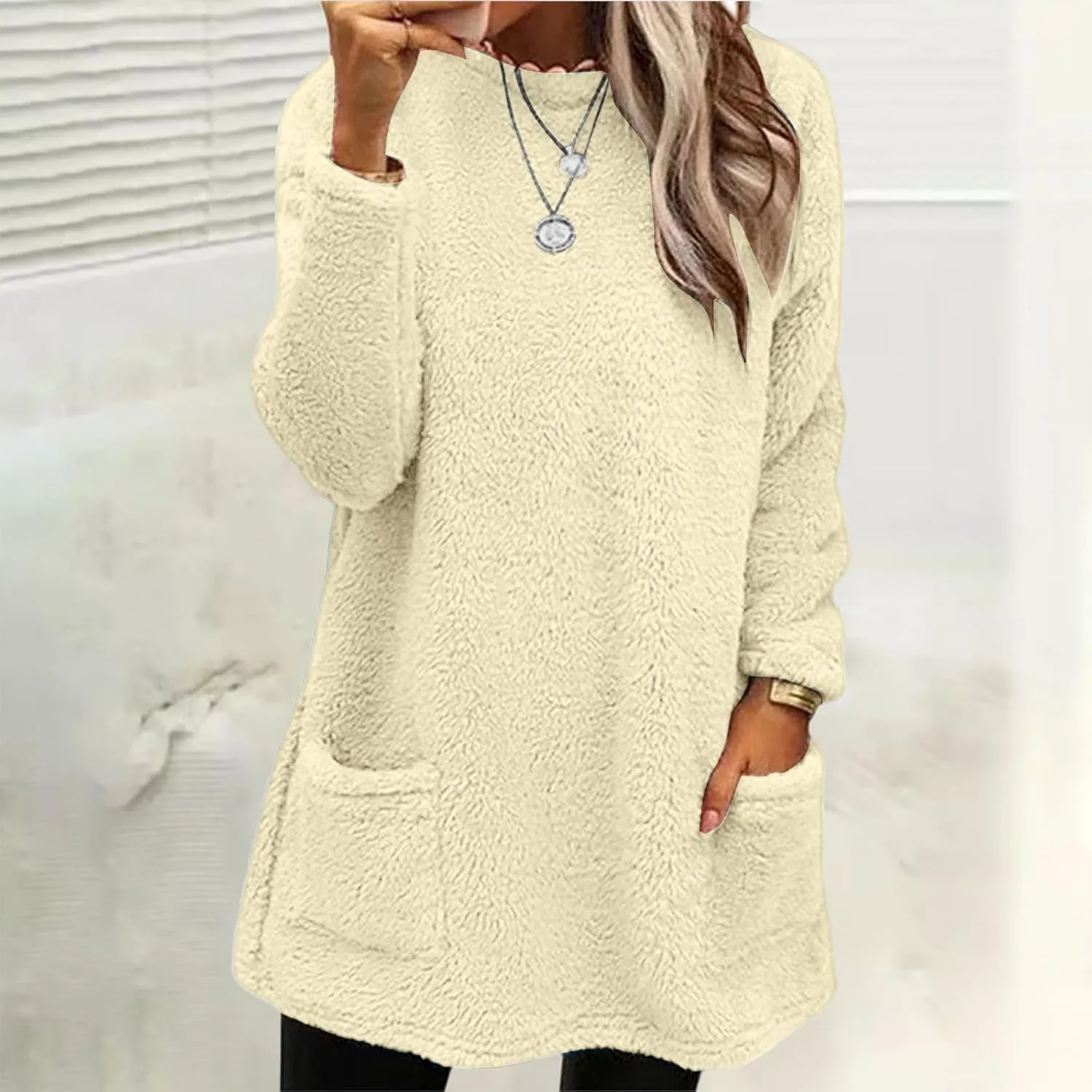 Womens Sherpa Pullover Sweaters Casual Loose Fit Fuzzy Fleece Sweatshirts Long Sleeve Soft Tunics Tops Loungewear