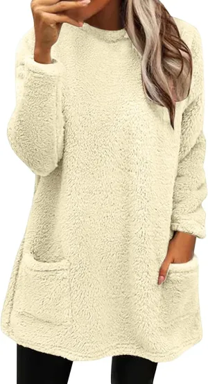 Womens Sherpa Pullover Sweaters Casual Loose Fit Fuzzy Fleece Sweatshirts Long Sleeve Soft Tunics Tops Loungewear