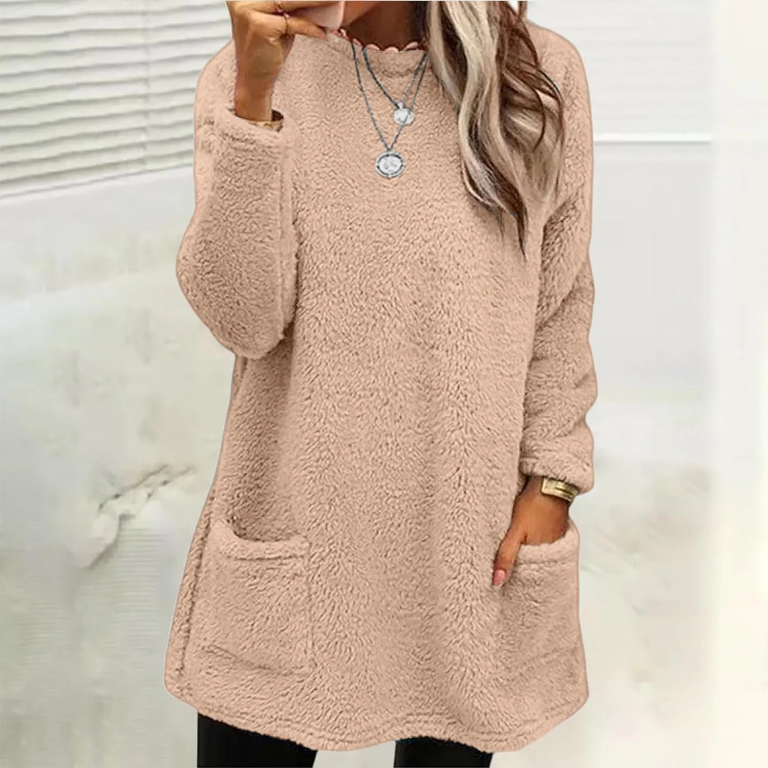 Womens Sherpa Pullover Sweaters Casual Loose Fit Fuzzy Fleece Sweatshirts Long Sleeve Soft Tunics Tops Loungewear