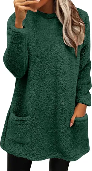 Womens Sherpa Pullover Sweaters Casual Loose Fit Fuzzy Fleece Sweatshirts Long Sleeve Soft Tunics Tops Loungewear