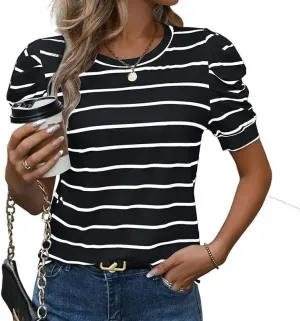 Women's Short Puff Sleeve Summer Tops Trendy Crewneck Striped Shirts Casual Pullover Blouses
