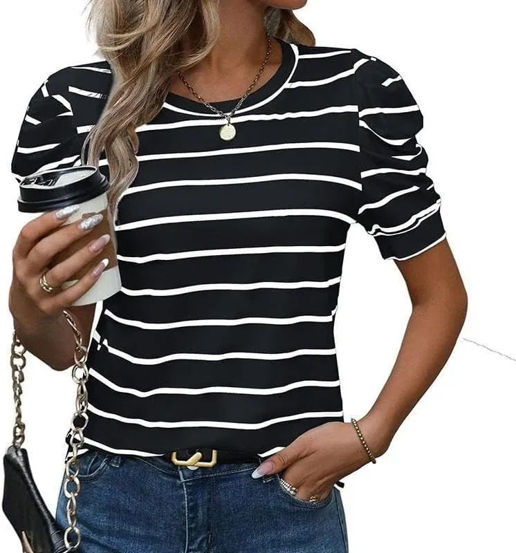 Women's Short Puff Sleeve Summer Tops Trendy Crewneck Striped Shirts Casual Pullover Blouses