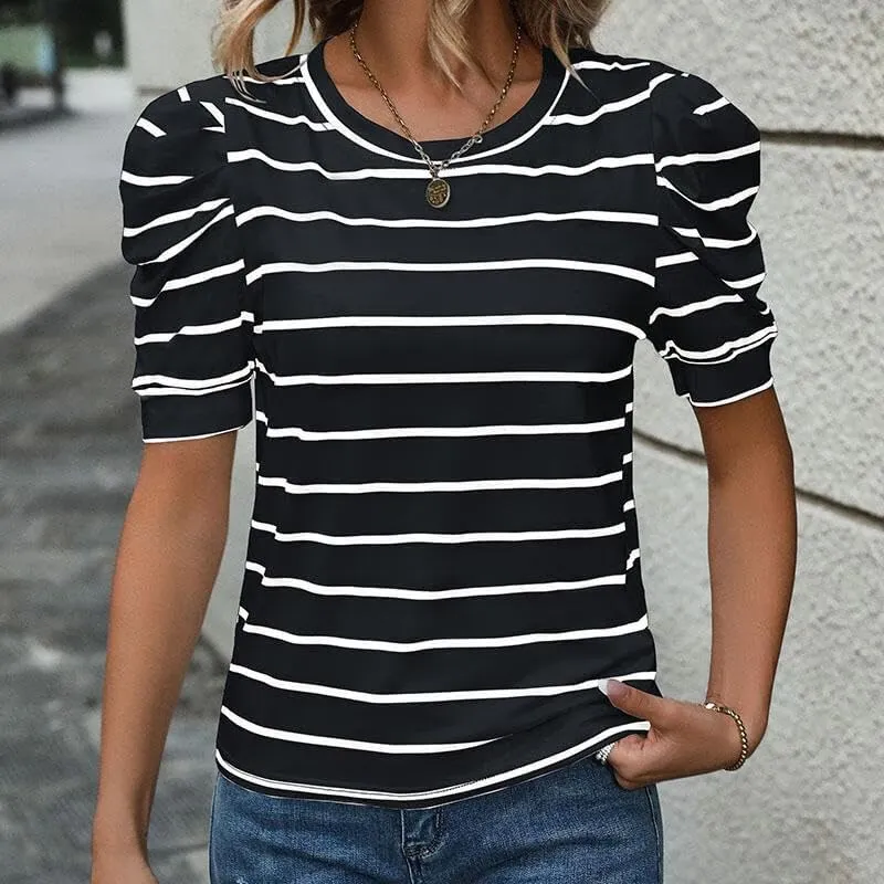 Women's Short Puff Sleeve Summer Tops Trendy Crewneck Striped Shirts Casual Pullover Blouses