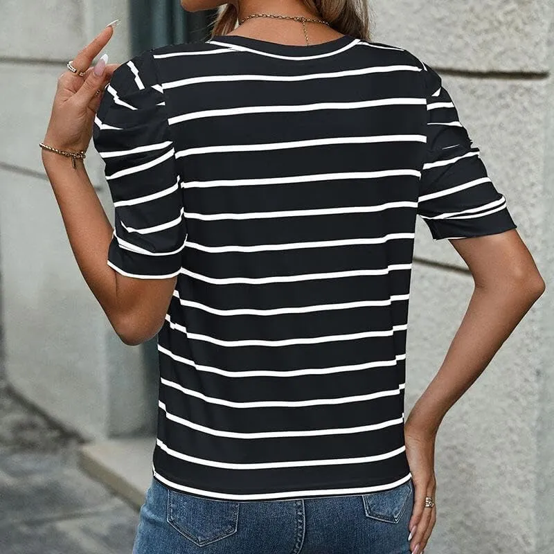Women's Short Puff Sleeve Summer Tops Trendy Crewneck Striped Shirts Casual Pullover Blouses