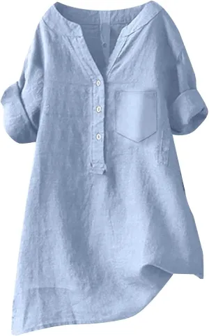 Women's Short Sleeve Cotton Linen Shirts Casual V Neck Soft T Shirts Floral Loose Fit Summer Tshirts