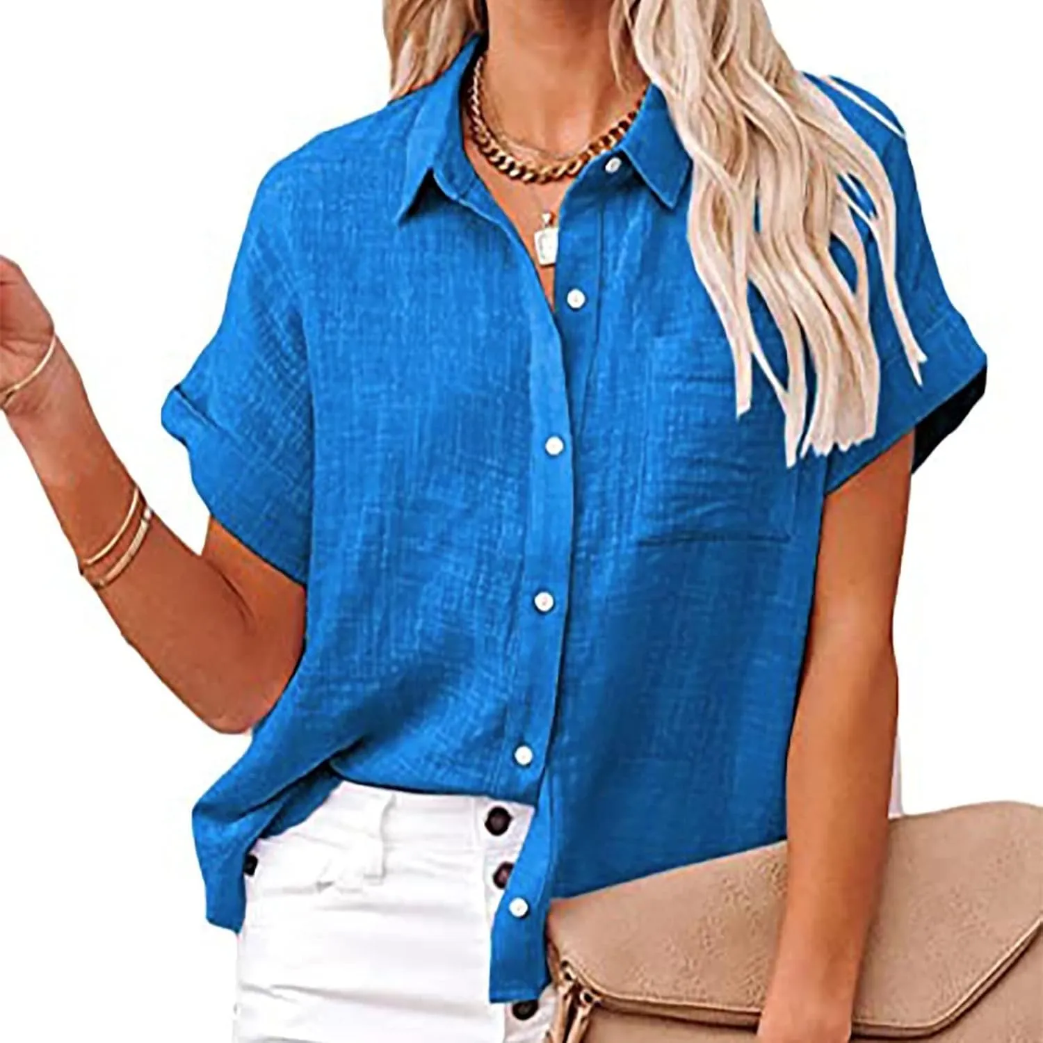 Women's Short Sleeve Linen Tops Button Down Summer Shirts Plus Size Work Blouse Dressy Casual Basic Tee Shirt Tops
