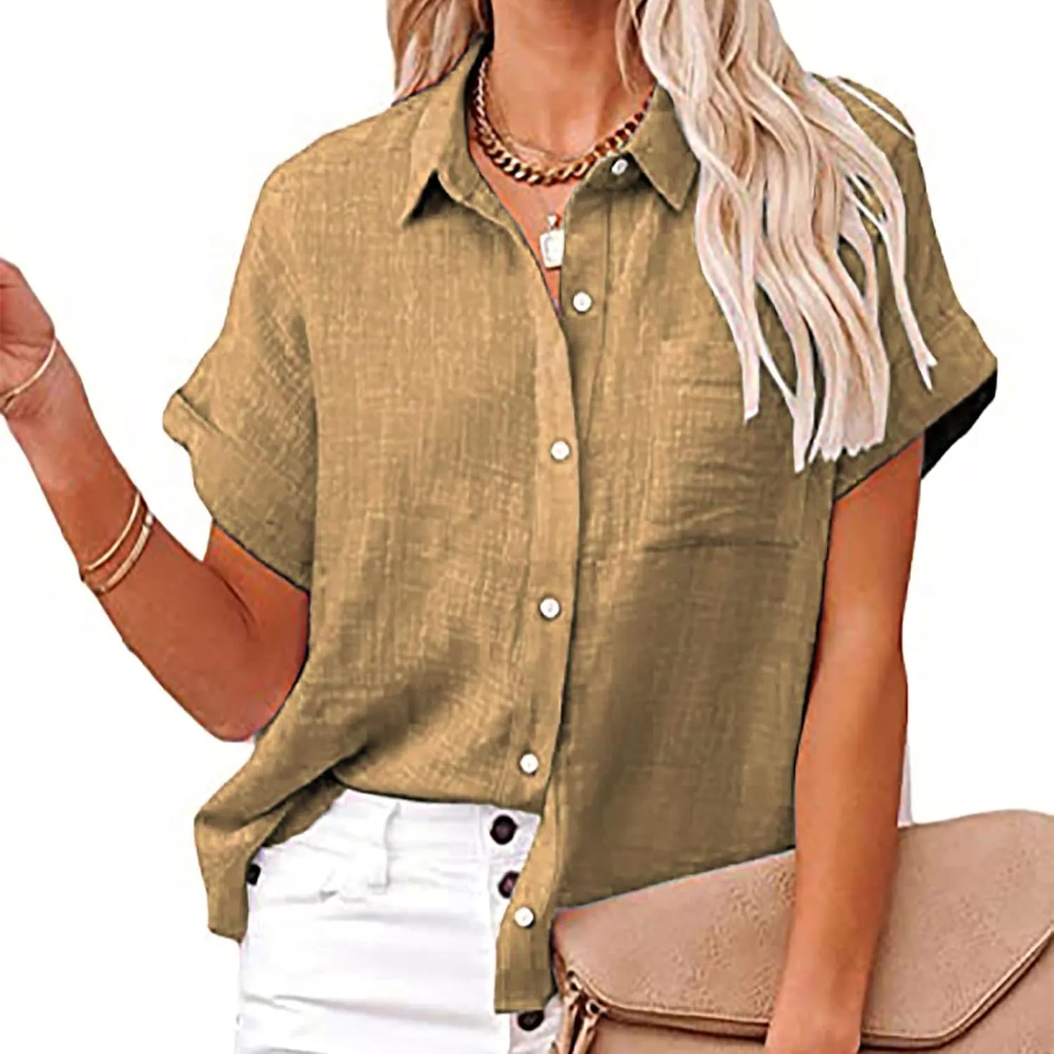 Women's Short Sleeve Linen Tops Button Down Summer Shirts Plus Size Work Blouse Dressy Casual Basic Tee Shirt Tops