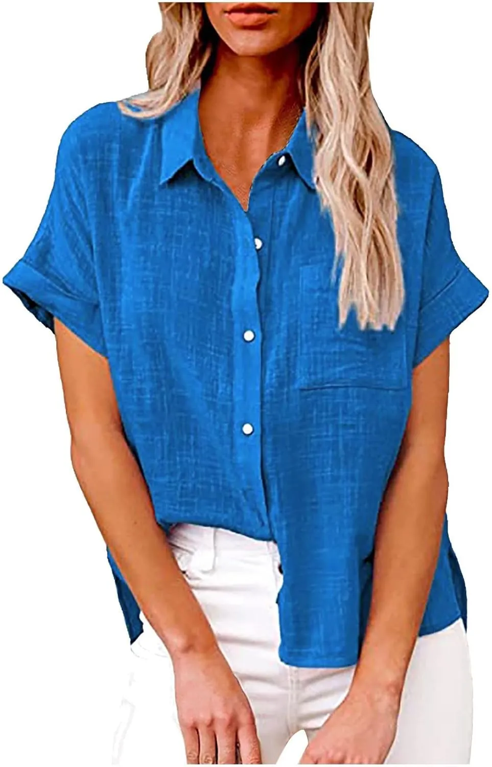 Women's Short Sleeve Linen Tops Button Down Summer Shirts Plus Size Work Blouse Dressy Casual Basic Tee Shirt Tops