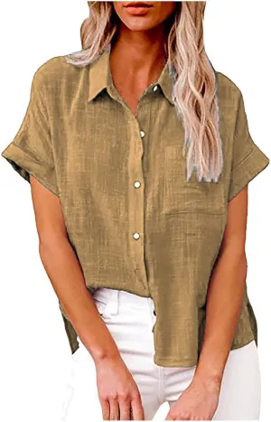 Women's Short Sleeve Linen Tops Button Down Summer Shirts Plus Size Work Blouse Dressy Casual Basic Tee Shirt Tops