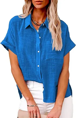 Women's Short Sleeve Linen Tops Button Down Summer Shirts Plus Size Work Blouse Dressy Casual Basic Tee Shirt Tops