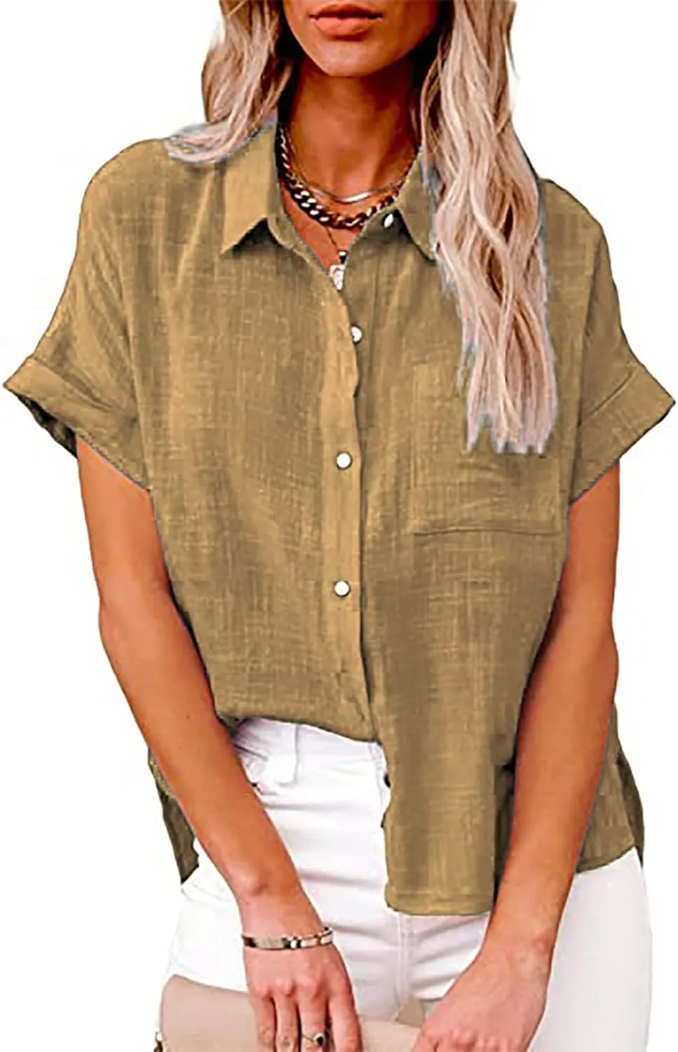 Women's Short Sleeve Linen Tops Button Down Summer Shirts Plus Size Work Blouse Dressy Casual Basic Tee Shirt Tops