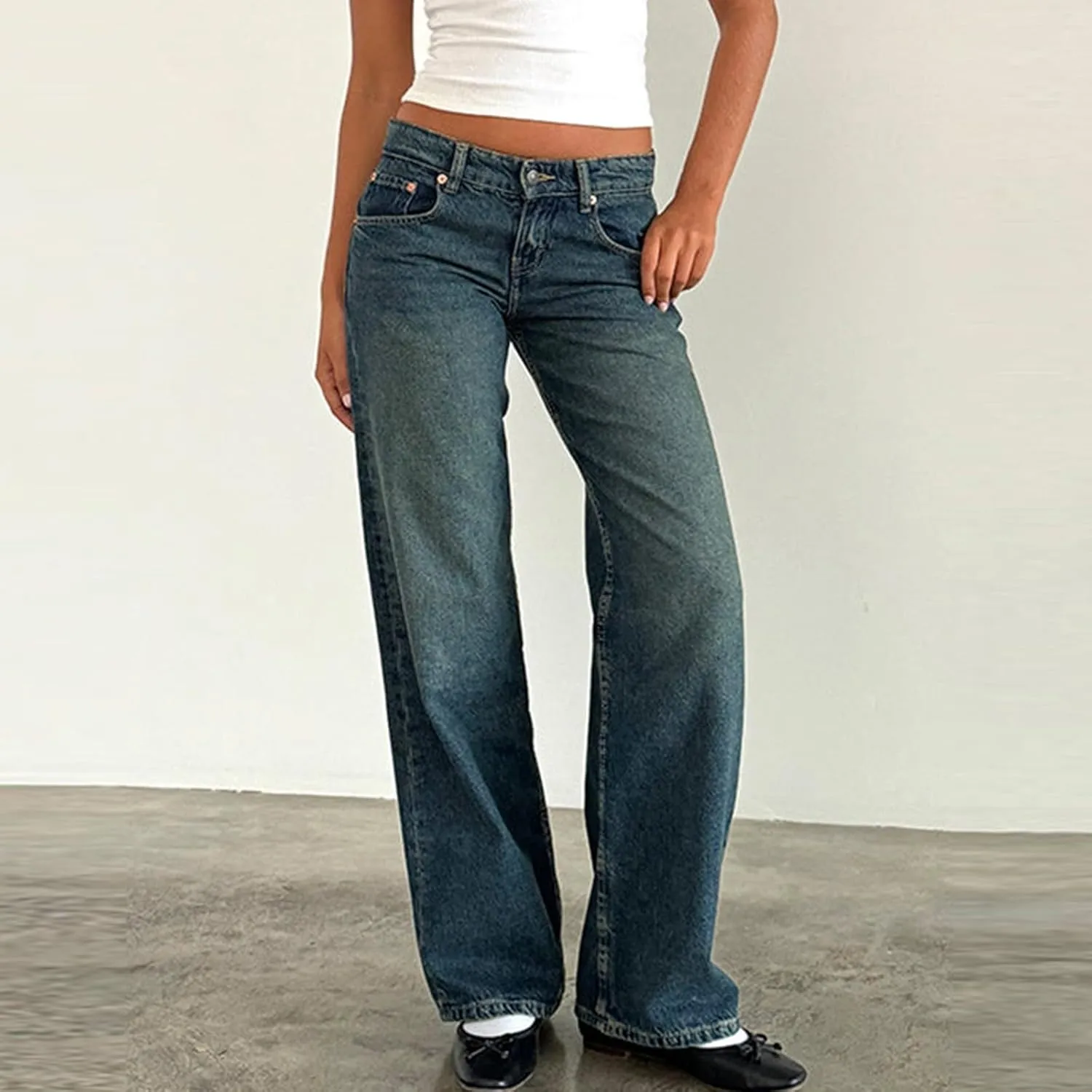Womens Straight Leg Jeans Stretch Mid Rise Wide Leg Baggy Jeans Casual Loose Button Down Boyfriend Jeans with Pockets