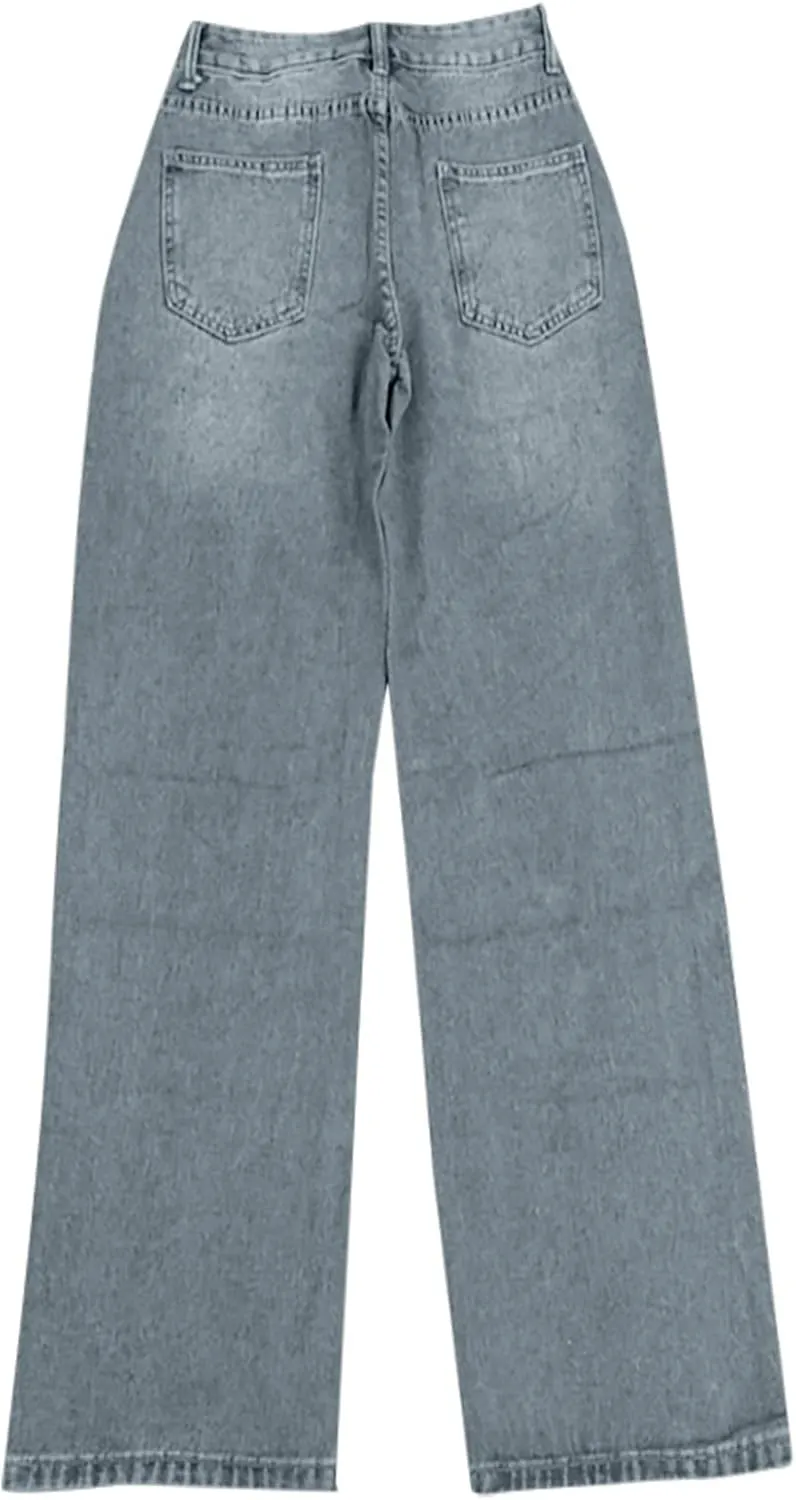 Womens Straight Leg Jeans Stretch Mid Rise Wide Leg Baggy Jeans Casual Loose Button Down Boyfriend Jeans with Pockets