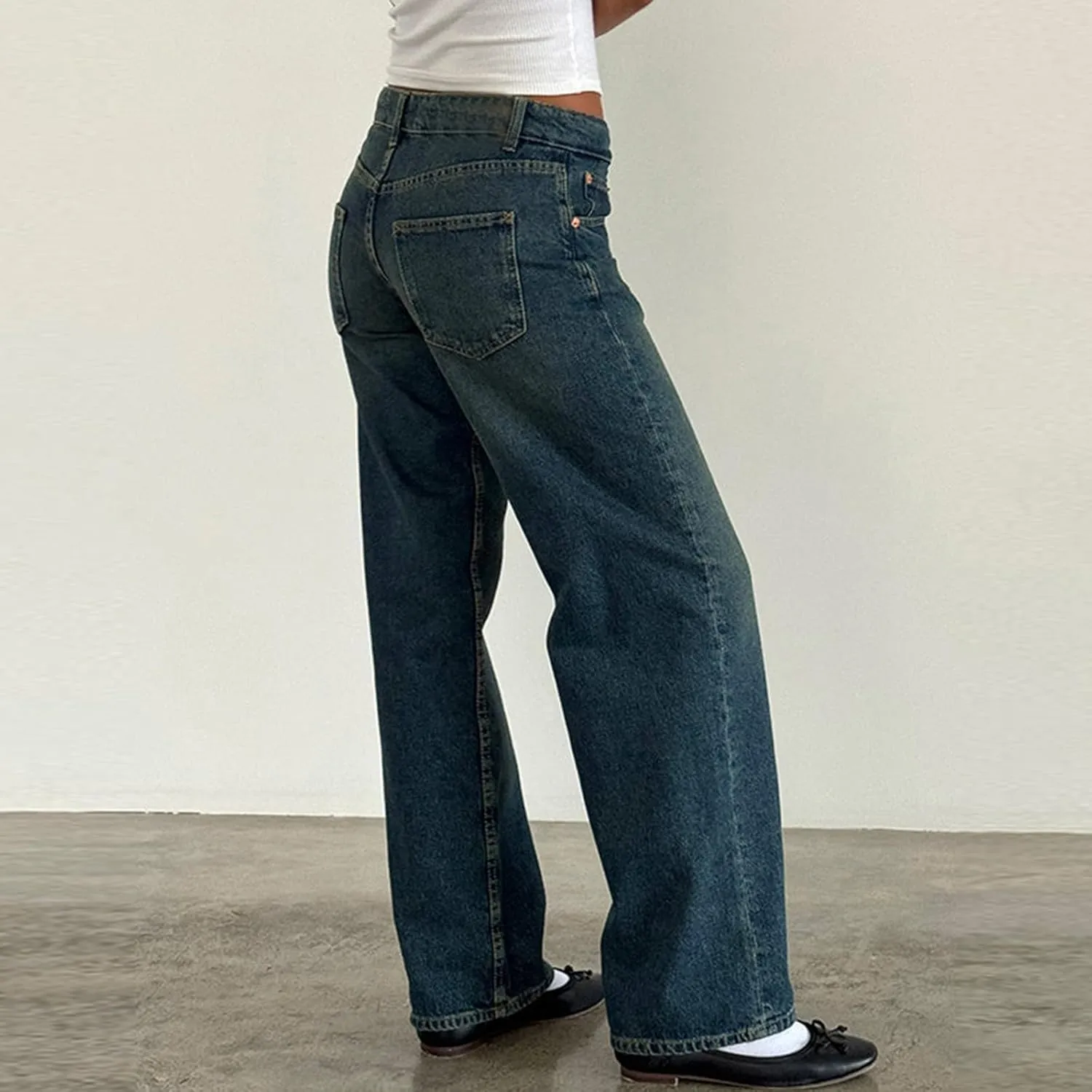 Womens Straight Leg Jeans Stretch Mid Rise Wide Leg Baggy Jeans Casual Loose Button Down Boyfriend Jeans with Pockets