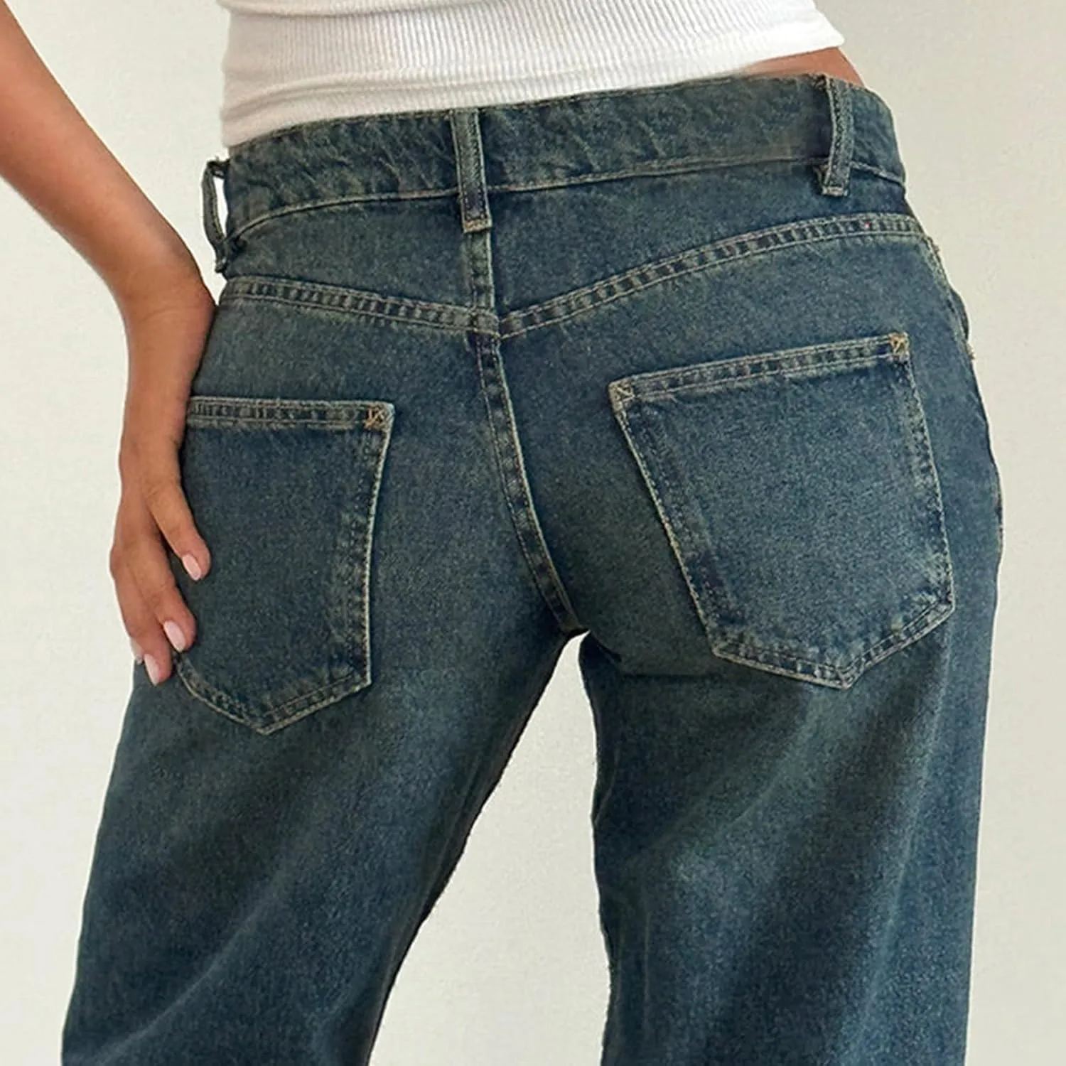 Womens Straight Leg Jeans Stretch Mid Rise Wide Leg Baggy Jeans Casual Loose Button Down Boyfriend Jeans with Pockets