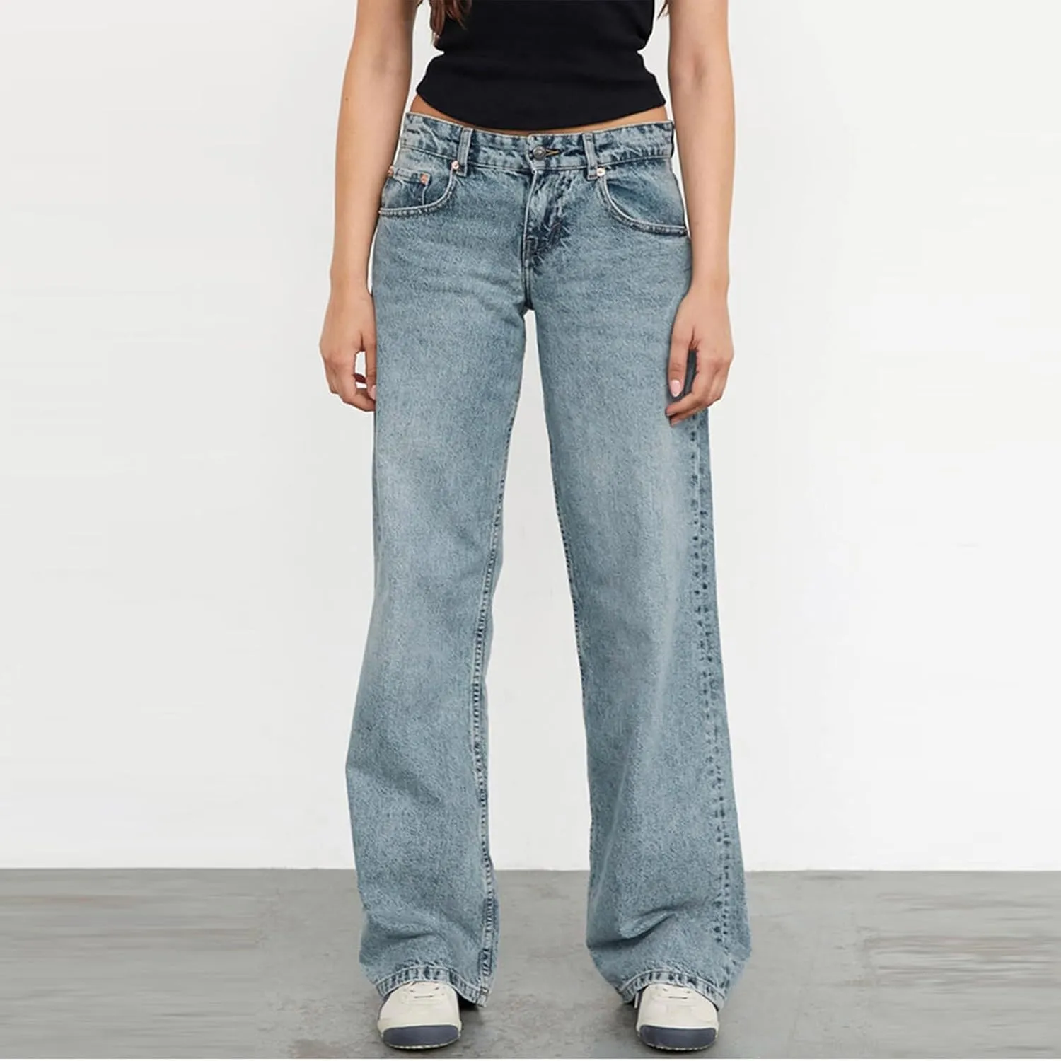 Womens Straight Leg Jeans Stretch Mid Rise Wide Leg Baggy Jeans Casual Loose Button Down Boyfriend Jeans with Pockets