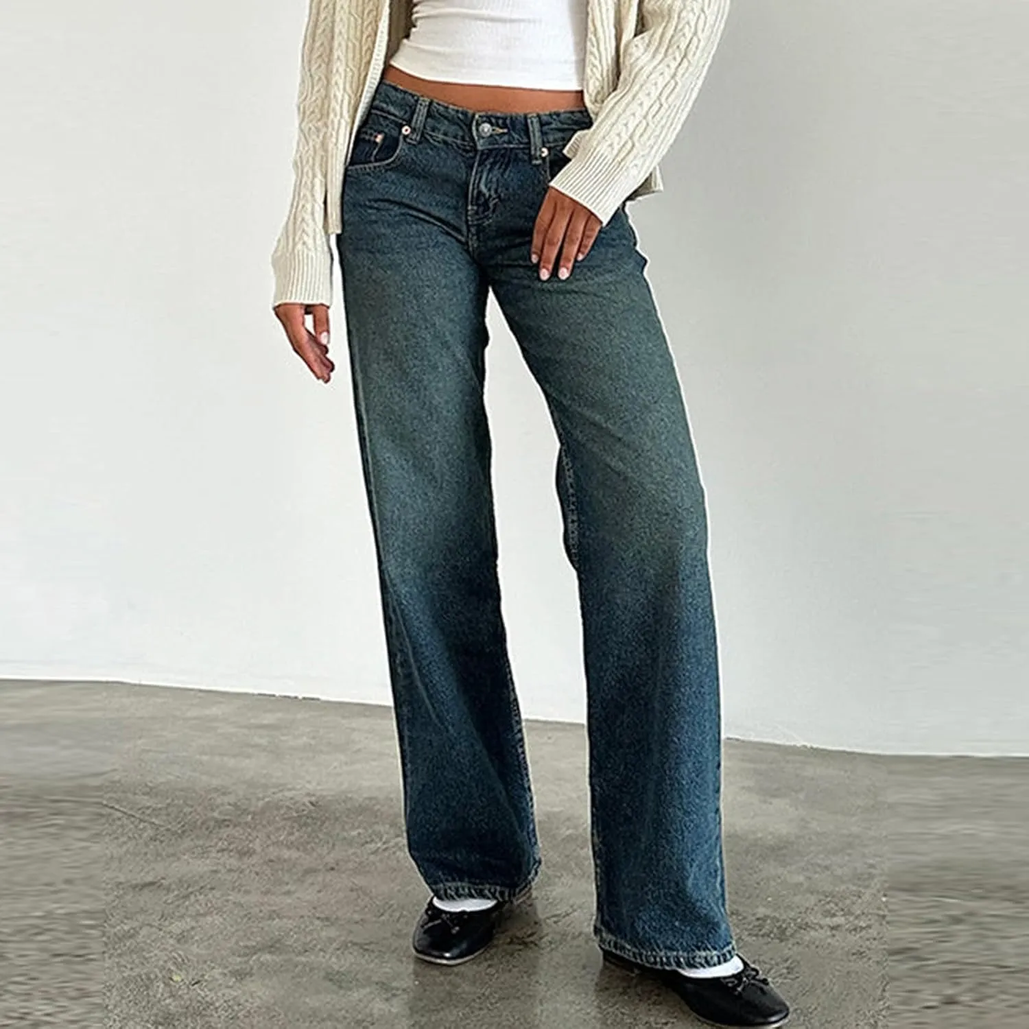 Womens Straight Leg Jeans Stretch Mid Rise Wide Leg Baggy Jeans Casual Loose Button Down Boyfriend Jeans with Pockets