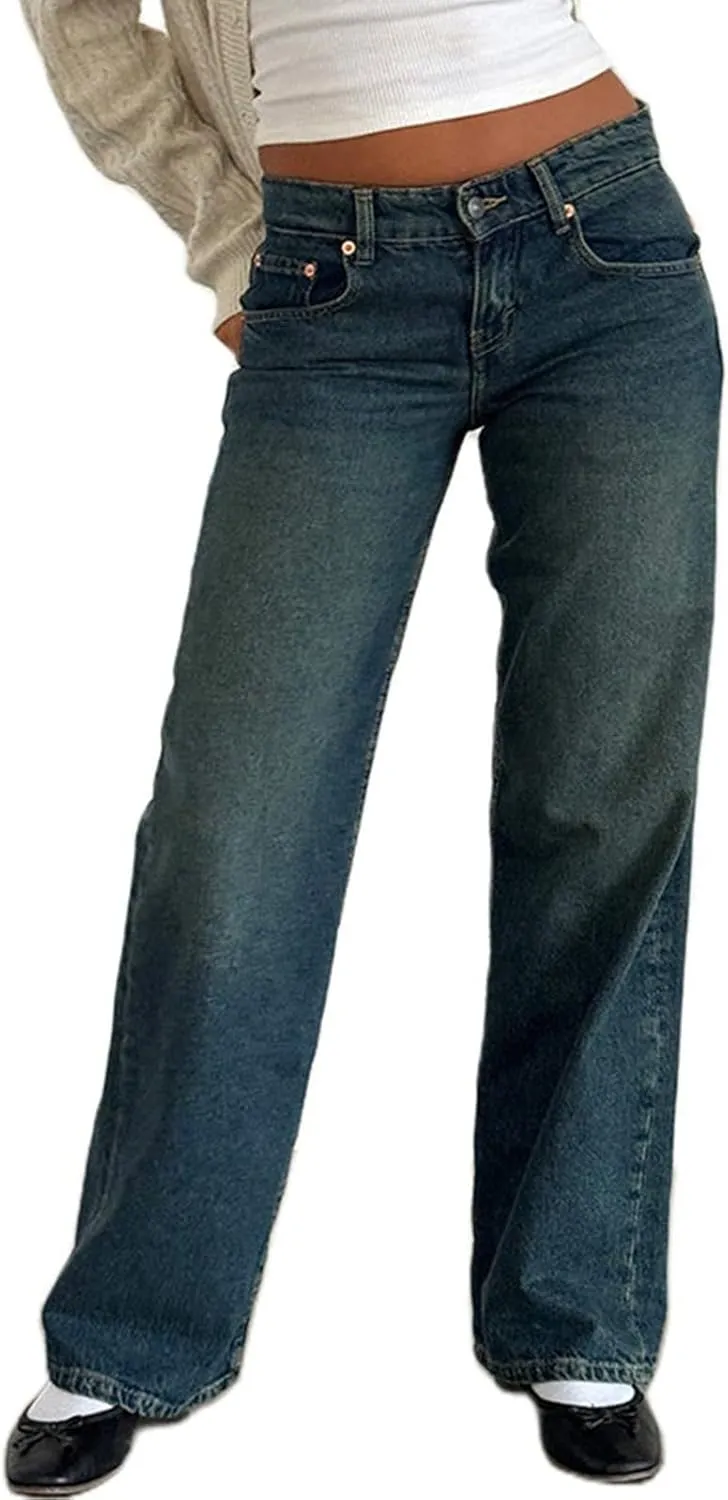 Womens Straight Leg Jeans Stretch Mid Rise Wide Leg Baggy Jeans Casual Loose Button Down Boyfriend Jeans with Pockets