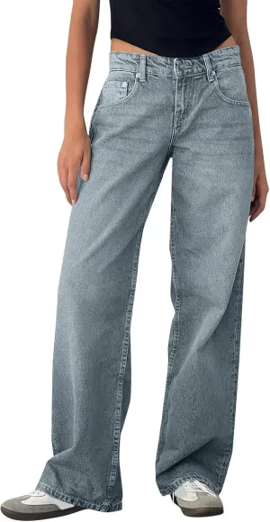 Womens Straight Leg Jeans Stretch Mid Rise Wide Leg Baggy Jeans Casual Loose Button Down Boyfriend Jeans with Pockets