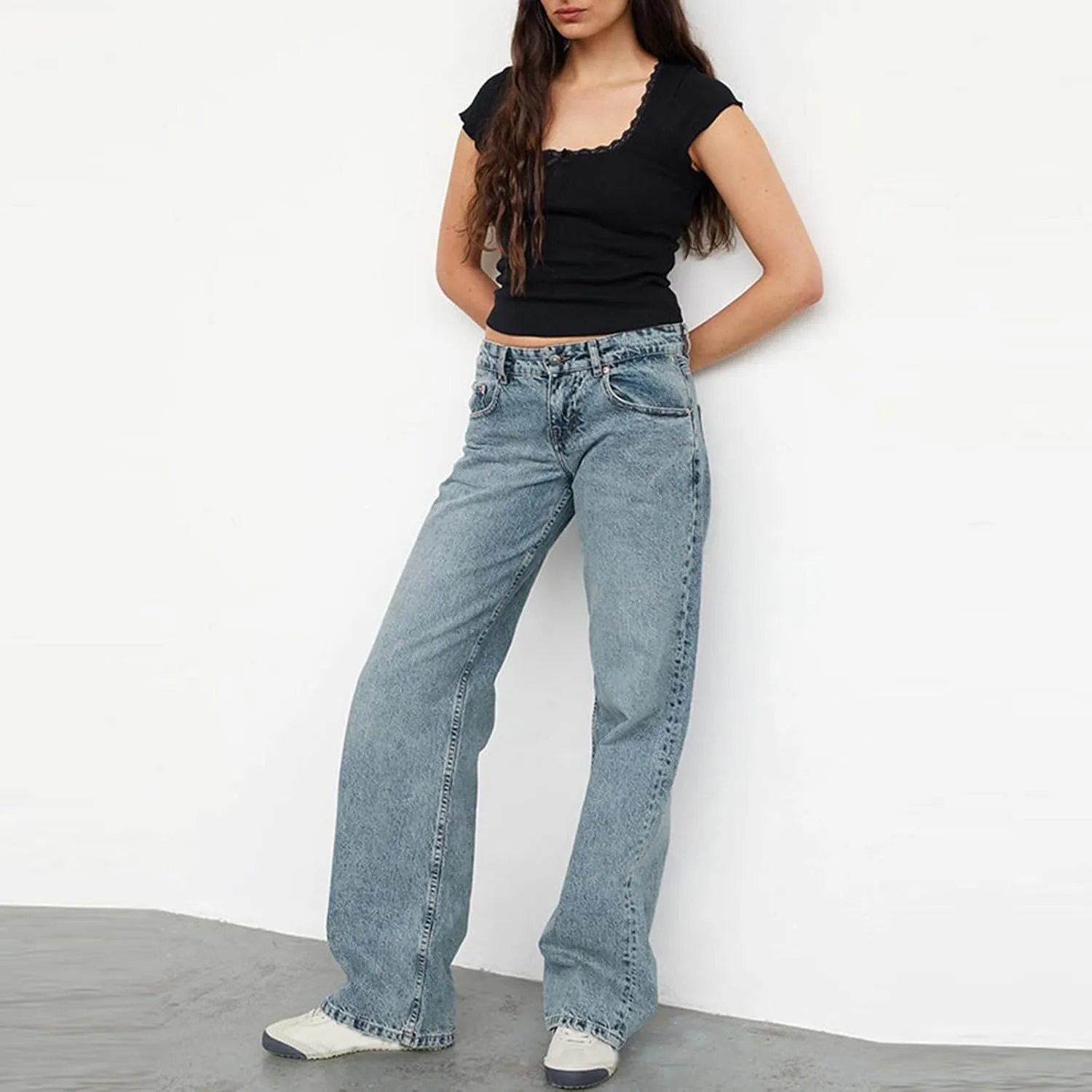 Womens Straight Leg Jeans Stretch Mid Rise Wide Leg Baggy Jeans Casual Loose Button Down Boyfriend Jeans with Pockets