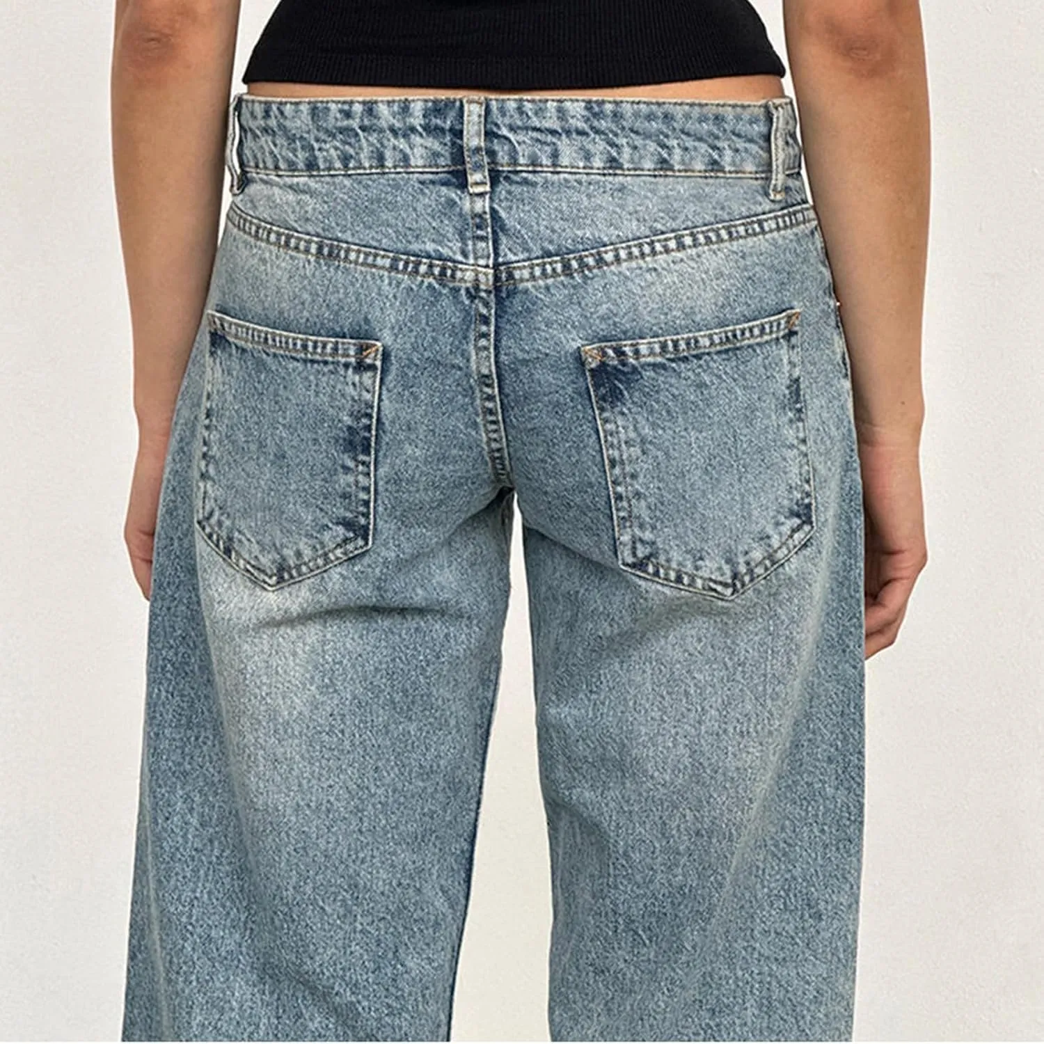 Womens Straight Leg Jeans Stretch Mid Rise Wide Leg Baggy Jeans Casual Loose Button Down Boyfriend Jeans with Pockets